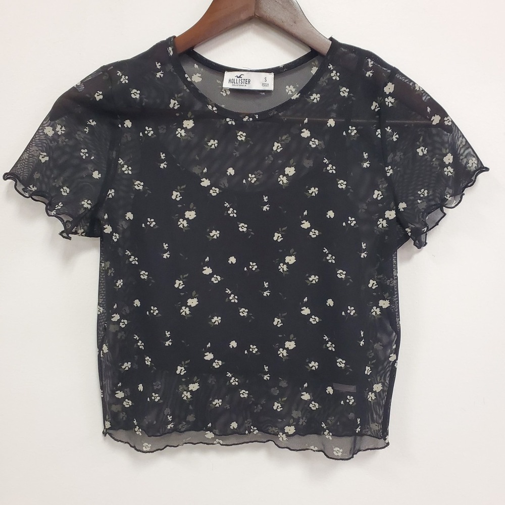 Hollister Womens Y2K Dark Floral Mesh Fairy Grunge Whimsigoth Top Size S‎ Black